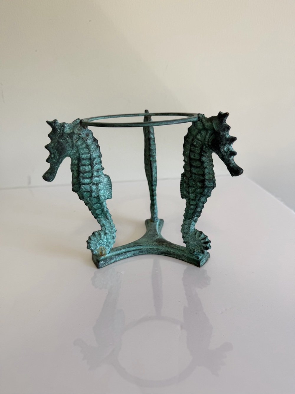 Vintage Cast Iron Seahorse Stand Verdigris Coastal Turquoise Sphere Holder 6"